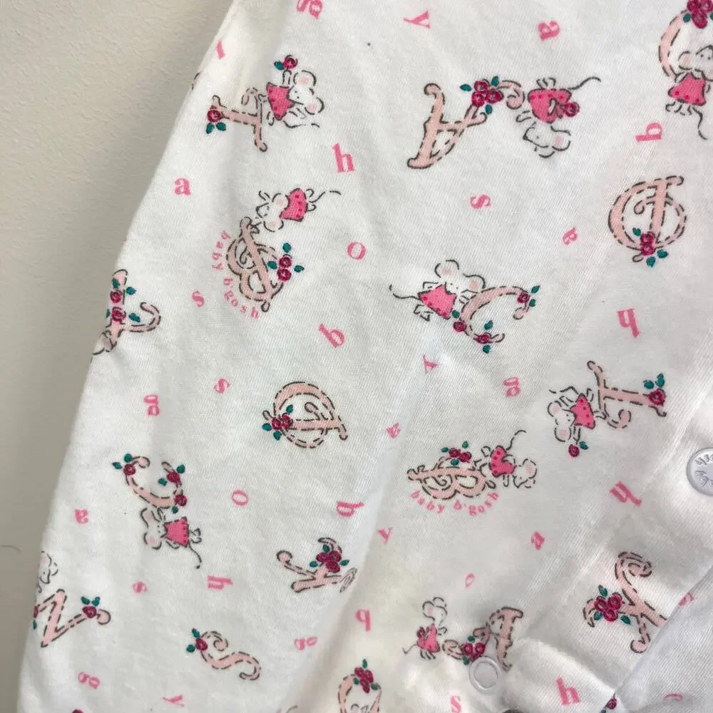 Vintage OshKosh B'gosh Pink White Alphabet Mouse Footie Coverall 6-9 Months